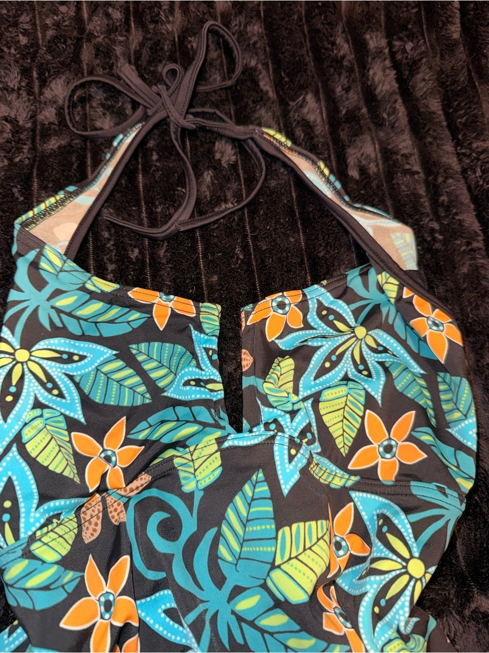 Floral Swimwear in Teal, Orange & Lime on Black - Picture 2 of 5